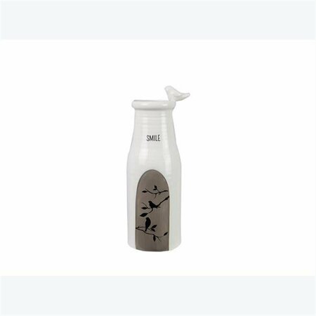 YOUNGS Ceramic Bottle Shaped Vase with Botanical & Bird Design, Gray & White 21224